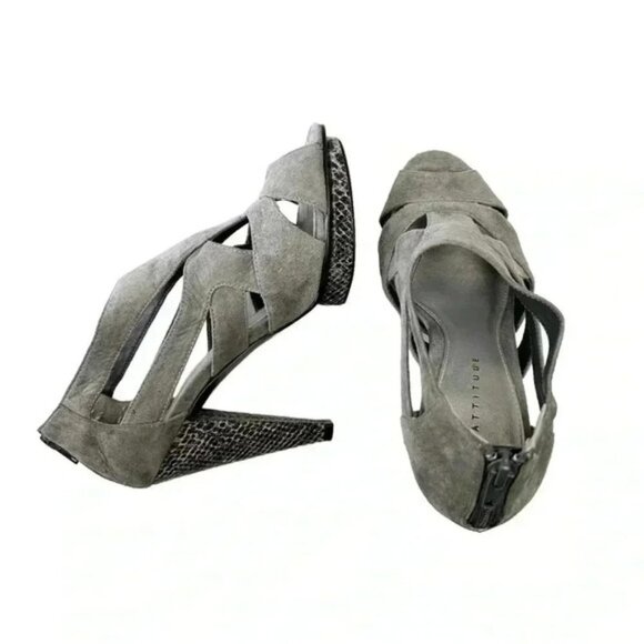 Attitude Strappy Chunky Platform Heels Caged Open Toe Shoe Y2K Faux Suede Grey 7 - Picture 7 of 15